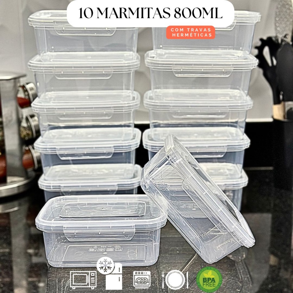Kit 10 Marmita fitness Potes 800ml Travas Laterais –> BPA FREE organizadores de alimentos vasilhas.