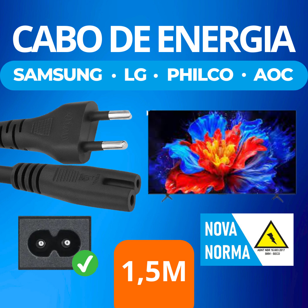 Cabo de Energia 2 Pinos p/ TV Samsung LG Philco TCL AOC  1,5m Preto Padrão Novo
