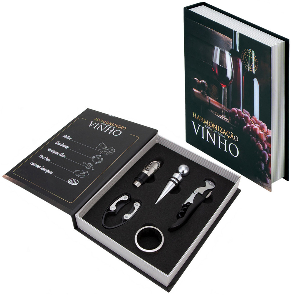 Kit 5 Peças Vinho Luxo Abridor Saca Rolhas Tampa Dosador Livro decorativo presente