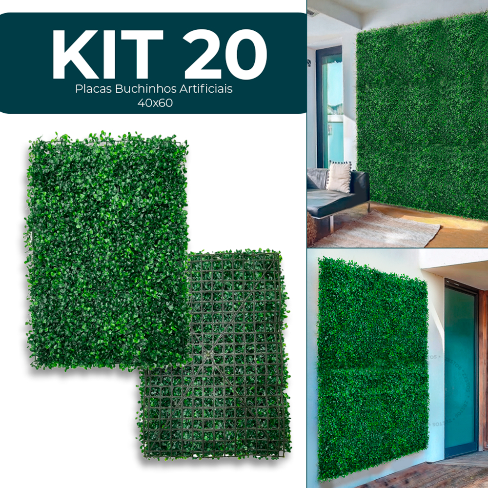 Kit 20 Unidades Placas 40×60 Buchinhos Grama Artificial Jardim Vertical Parede Verde Muro inglês