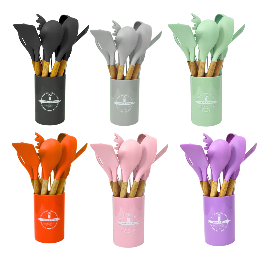 KIT Jogo com 12 Peças Utensílios de Cozinha com Cabo de Madeira