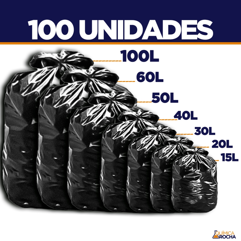 Saco de Lixo 100 unidades Resistentes – Tamanhos 15/20/30/40/50/60/100 Litros