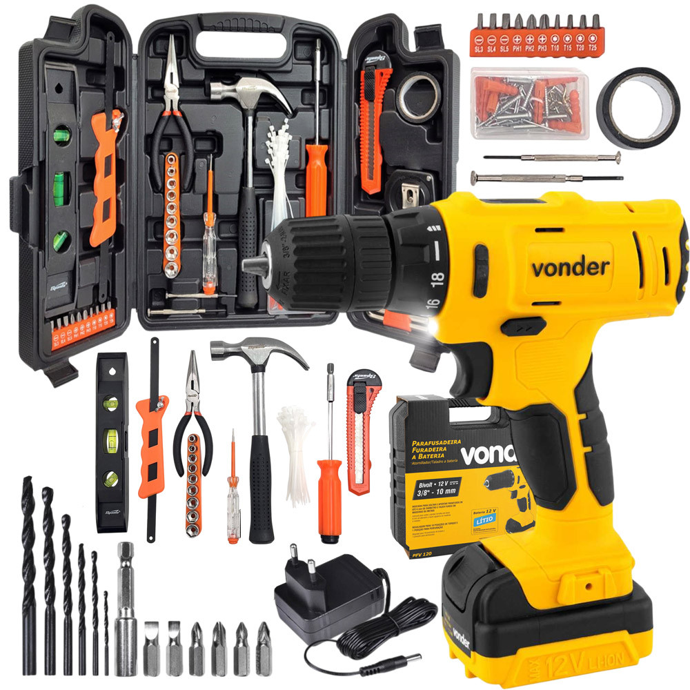 Kit Ferramentas Parafusadeira Furadeira Bivolt 127v 220v com Martelo Bits Trena Maleta