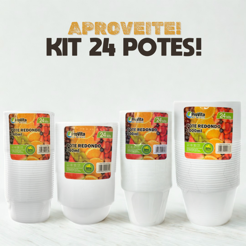 Kit 24 Pote Redondo Multiuso Plástico Freezer e Microondas Descartável Ideal Para Bolo Marmita Fit