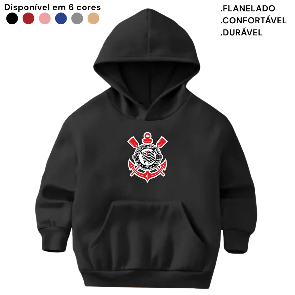 Moletom Infantil Flanelado Canguru Blusa Quentinha Casaco Corinthians Estampado Desenho Frase Time