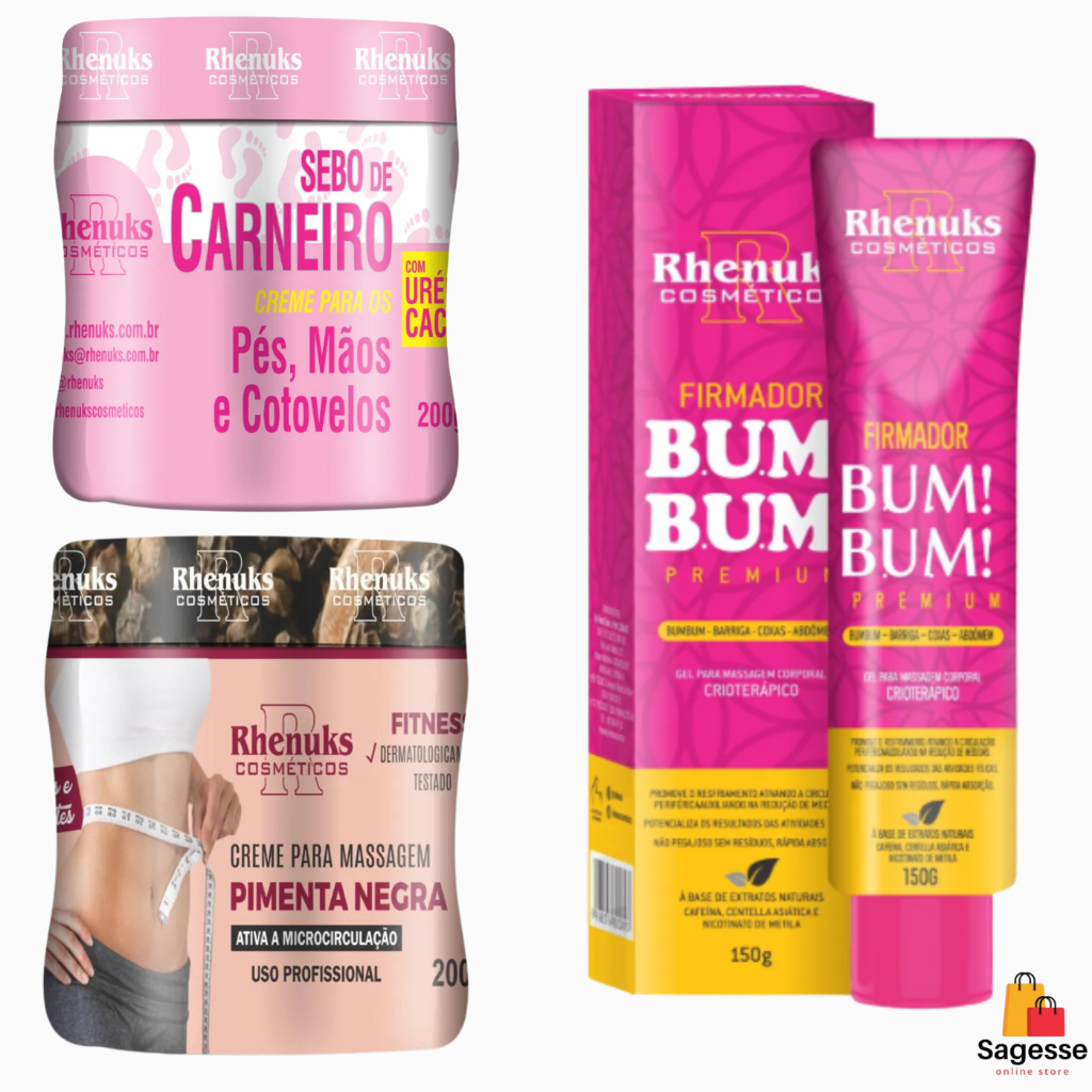 Kit com Sebo de Carneiro + Creme para Massagem Pimenta Negra + Firmador Bum Bum – Rhenuks
