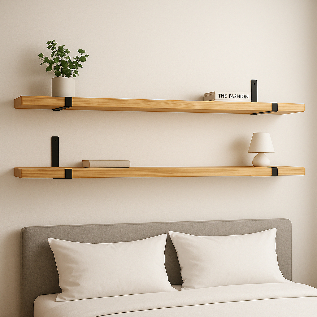 Kit com 2 prateleiras de madeira industrial com suporte invertido mão francesa