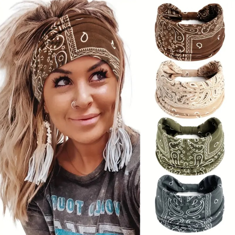 Faixa de Cabeça Larga Elástica com Estampa Paisley Boho Vintage feminino- Absorvente de Suor Elástic