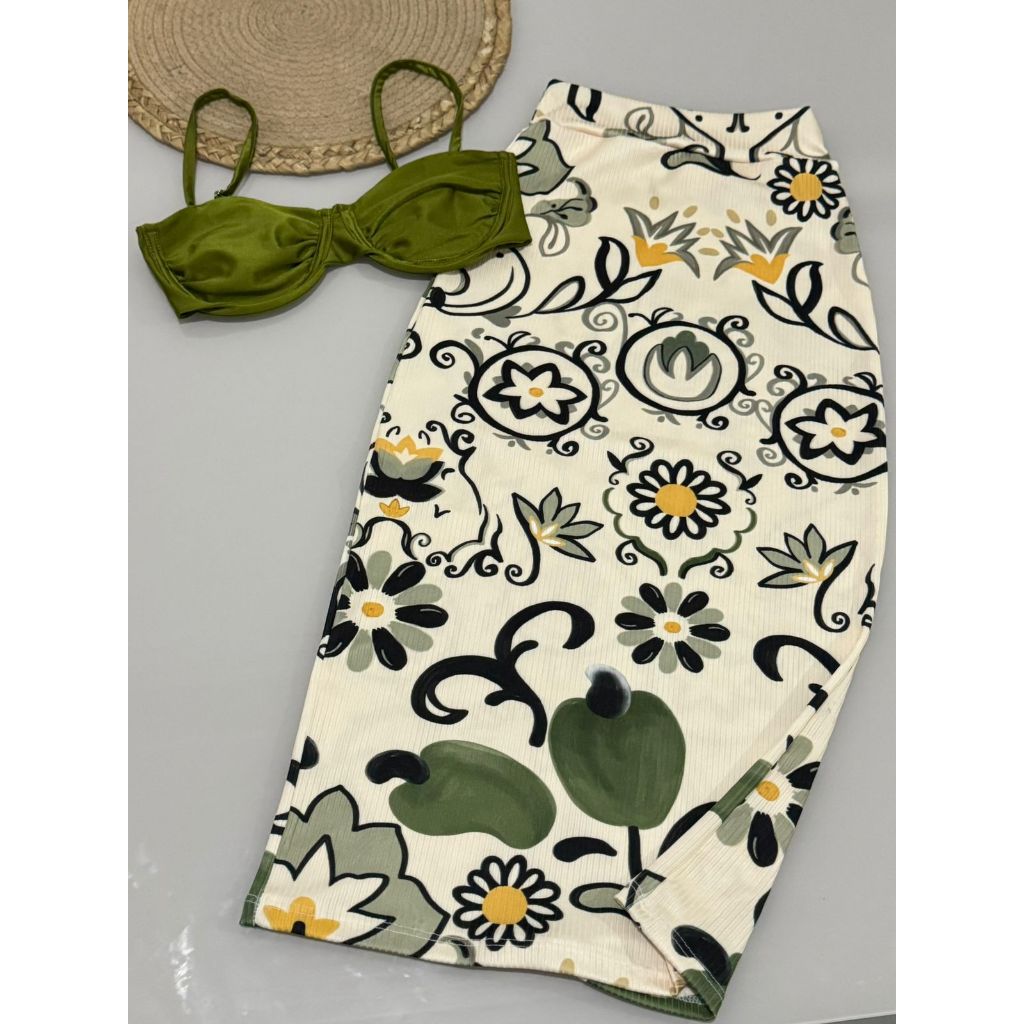 Saia Mídi Inspiração Fa em Malha Canelada  saia feminina midi estampada tucano estampa tropical flor