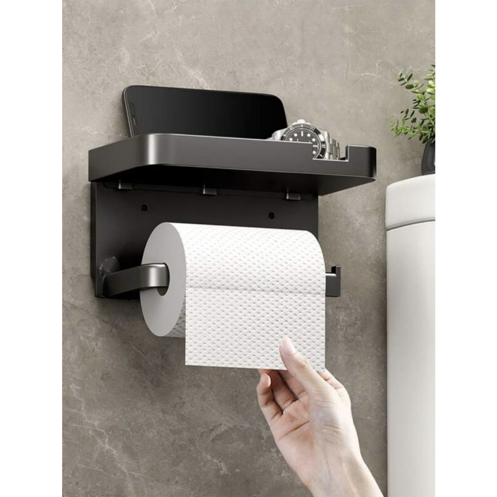 Suporte Plastico Preto Porta Papel Higienico e Suporte para Celular Papeleira Com Adesivo