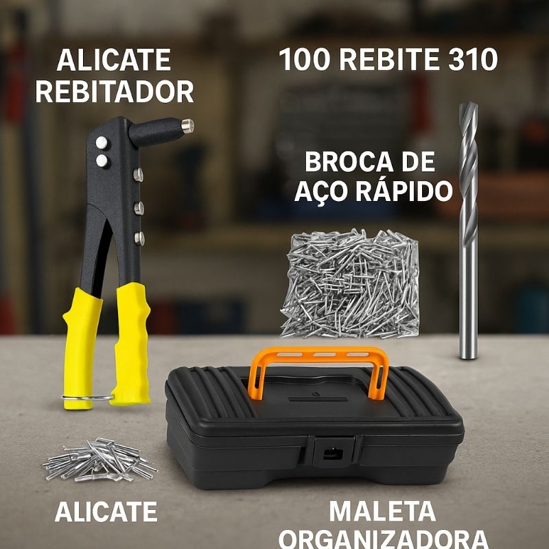 ALICATE REBITADOR COM  REBITES + BROCA DE AÇO RÁPIDO, REBITADEIRA ESSE ANÚNCIO POSSUI VARIAÇÕES