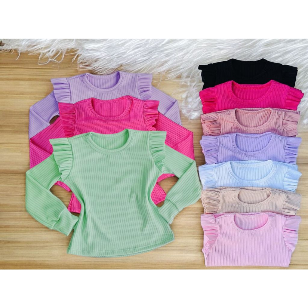 Kit com 3 Blusa infantil menina manga longa manga comprida babado CORES SORTIDAS