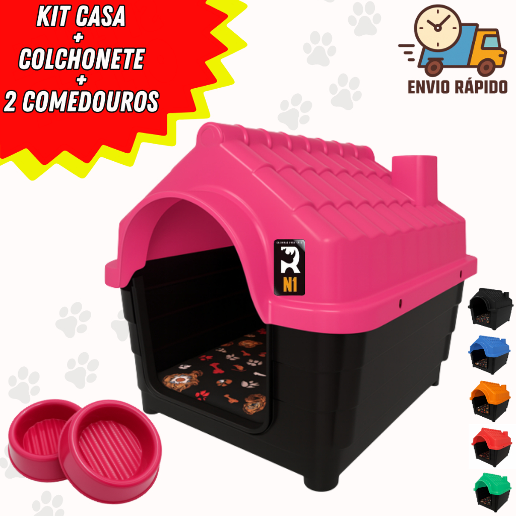 Casinha Plástica N1 para Cachorro Pequeno com Colchonete e Comedouros