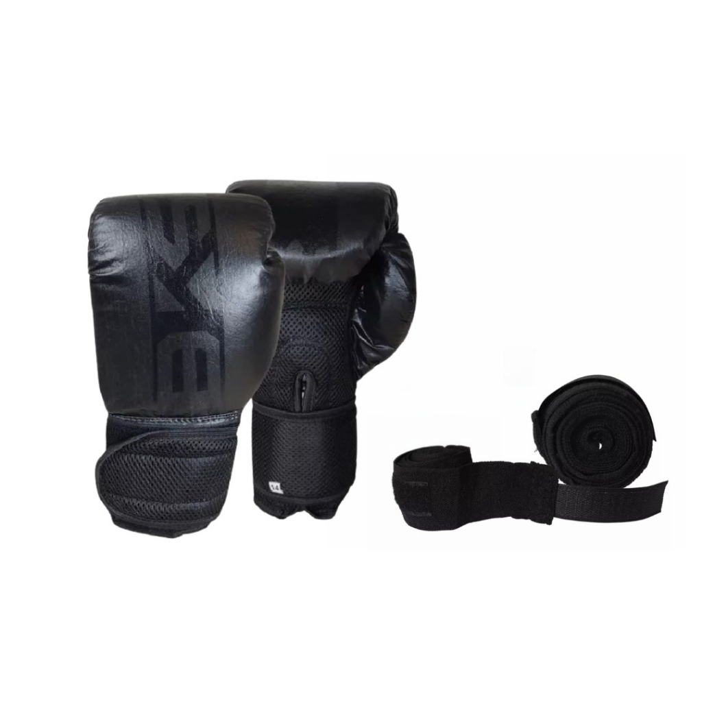Luva De Boxe Treino Academia Muay Thai Kickboxing Profissional + Bandagem 3 Metros Elástica Preta