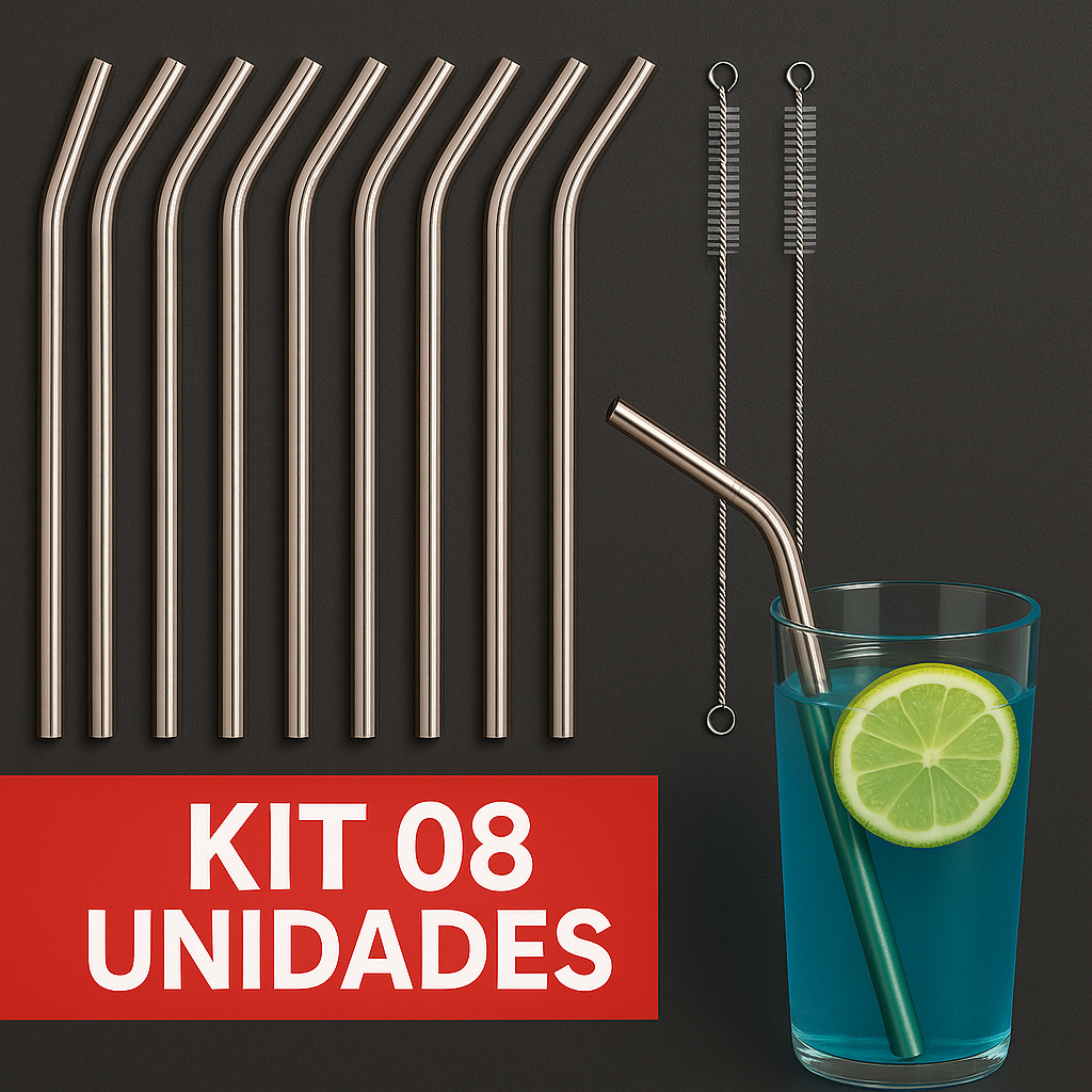 Canudos Inox Curvos com Escova Limpeza Reutilizáveis Copos Drinks – ENVIO IMEDIATO