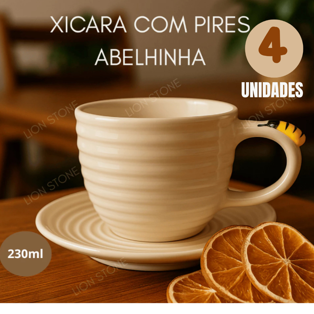 Kit 4 Xícaras 230ml ou 80ml em Porcelana alça Abelhinha  Design Exclusivoa Premium para Chá e Café