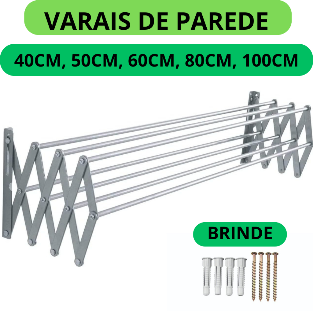 Varal de Parede Sanfonado Retrátil Várias medidas 40cm 50cm 60cm 70cm 80cm 100cm – ORDEZ