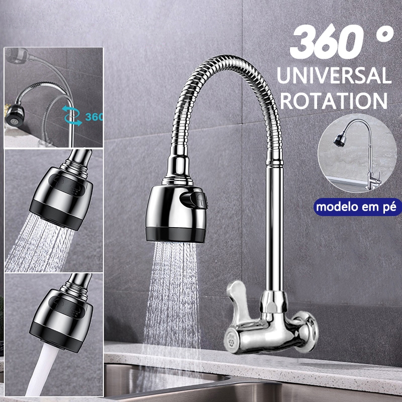 Torneira Gourmet Cozinha Parede Pia Cano Flexível Inox 1/4 de volta