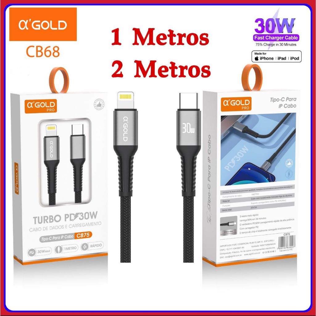Cabo de iPhone Turbo 30W PD USB C Para Lightning Qc 4.0 original AGOLD Carregamento Super Rápido