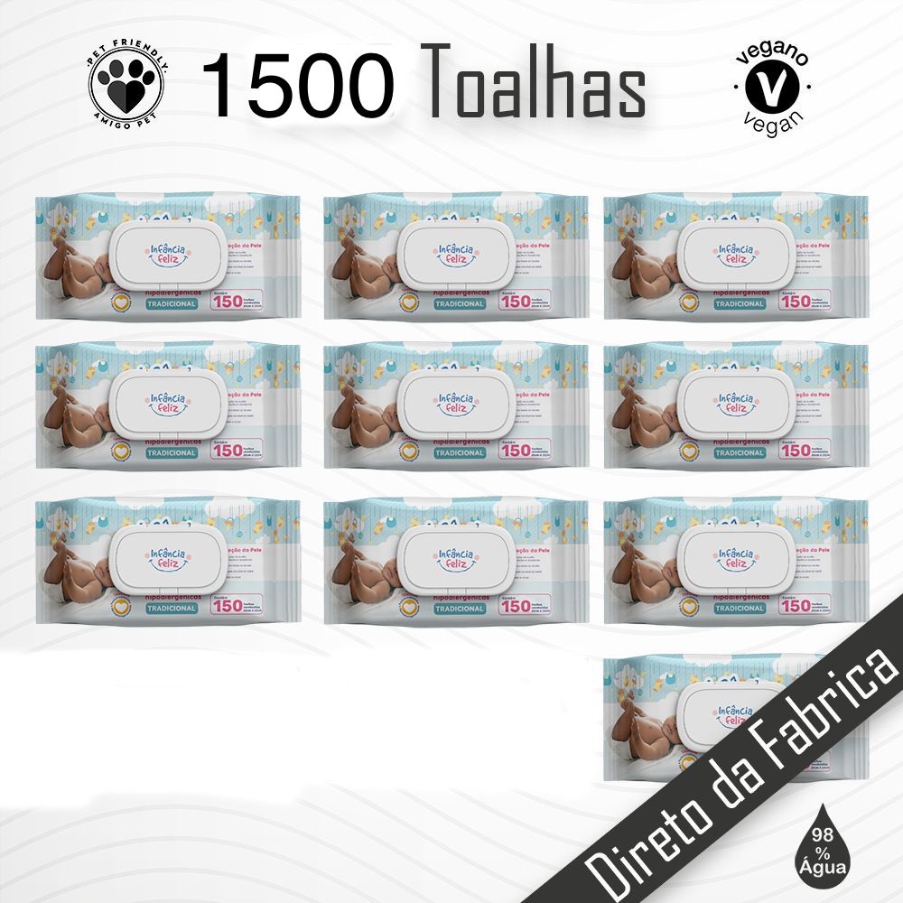 Kit 10 Pacotes Toalhas Umedecidas Infância Feliz 150 folhas Com Tampa Flip Top 98% Água