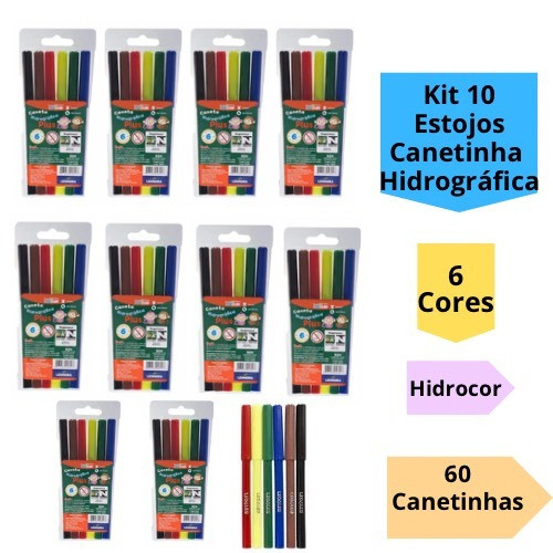 Kit 10 Estojos Canetinha Hidrográfica 6 Cores Hid
