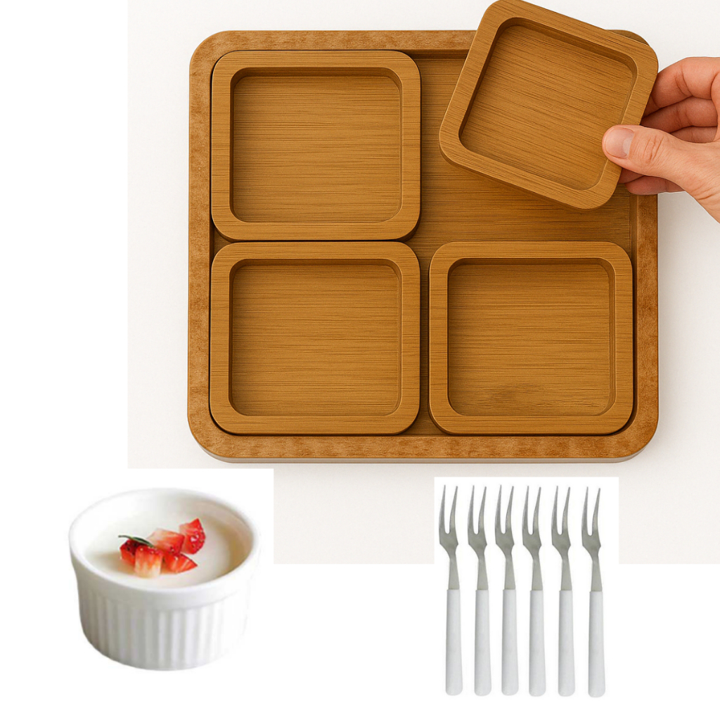Petisqueira com 4 Divisórias soltas, Ramekin, Garfinhos.