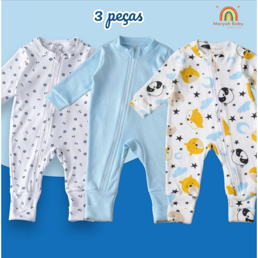 Kit com 3 macacões estampado para menino suedine 100 % algodão
