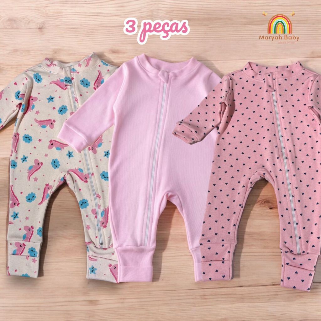 Kit com 3 macacões estampado para menina rosa com zíper
