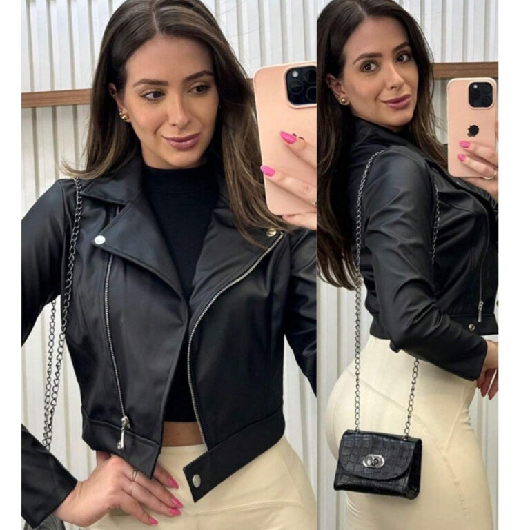 Jaqueta De Couro Feminina Com Ziper Inverno Elegan
