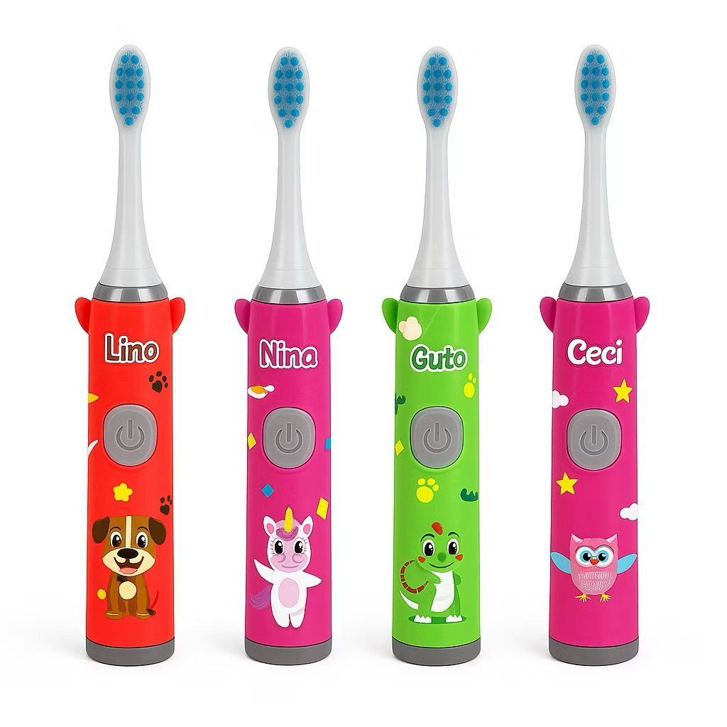 Kit Escovas de Dente Infantil Elétrica Com  Refil Cerdas Macias Temporizador À Pilha