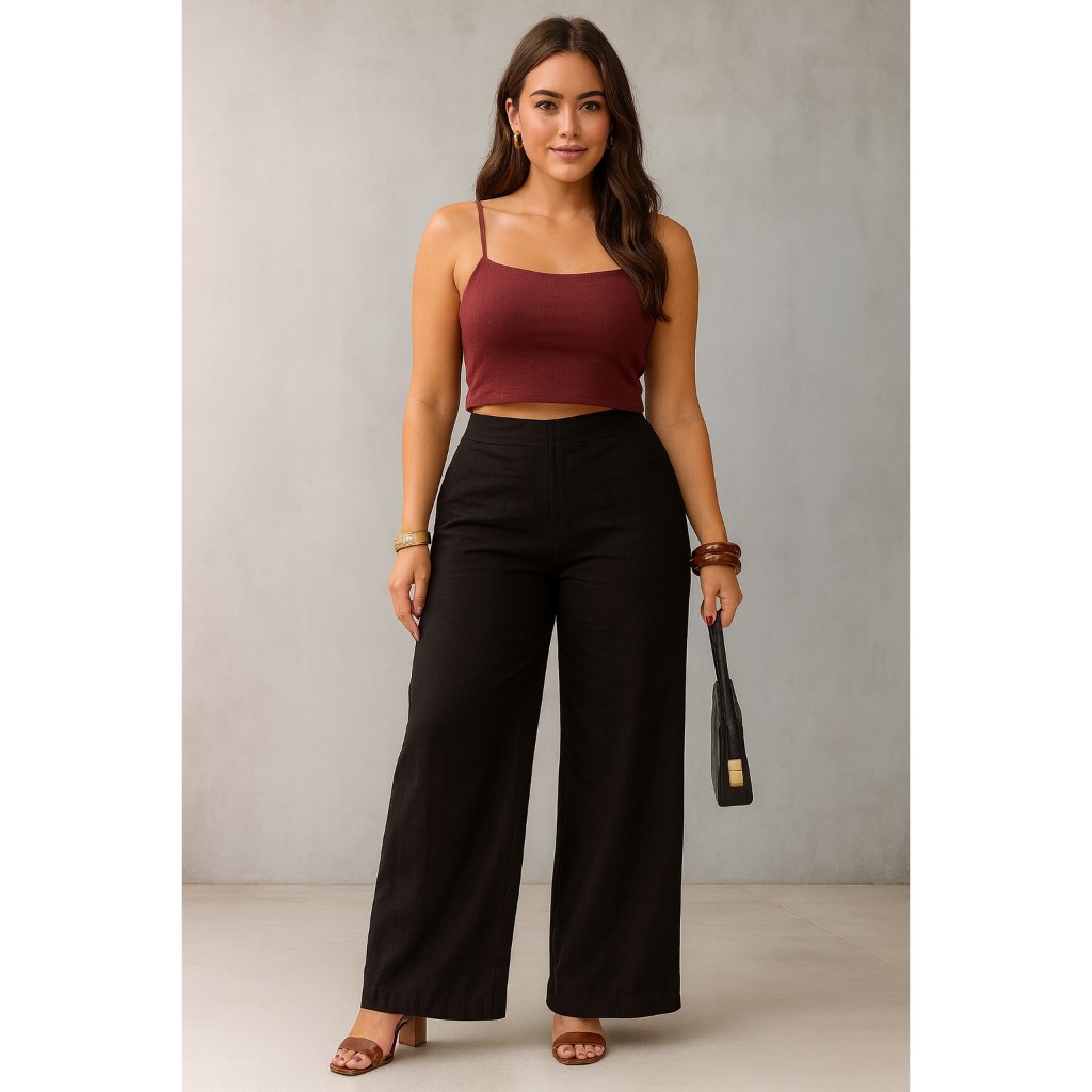 Calça Social Feminina Pantalona Alfaiataria linho Premium Wide Leg Com Bolso