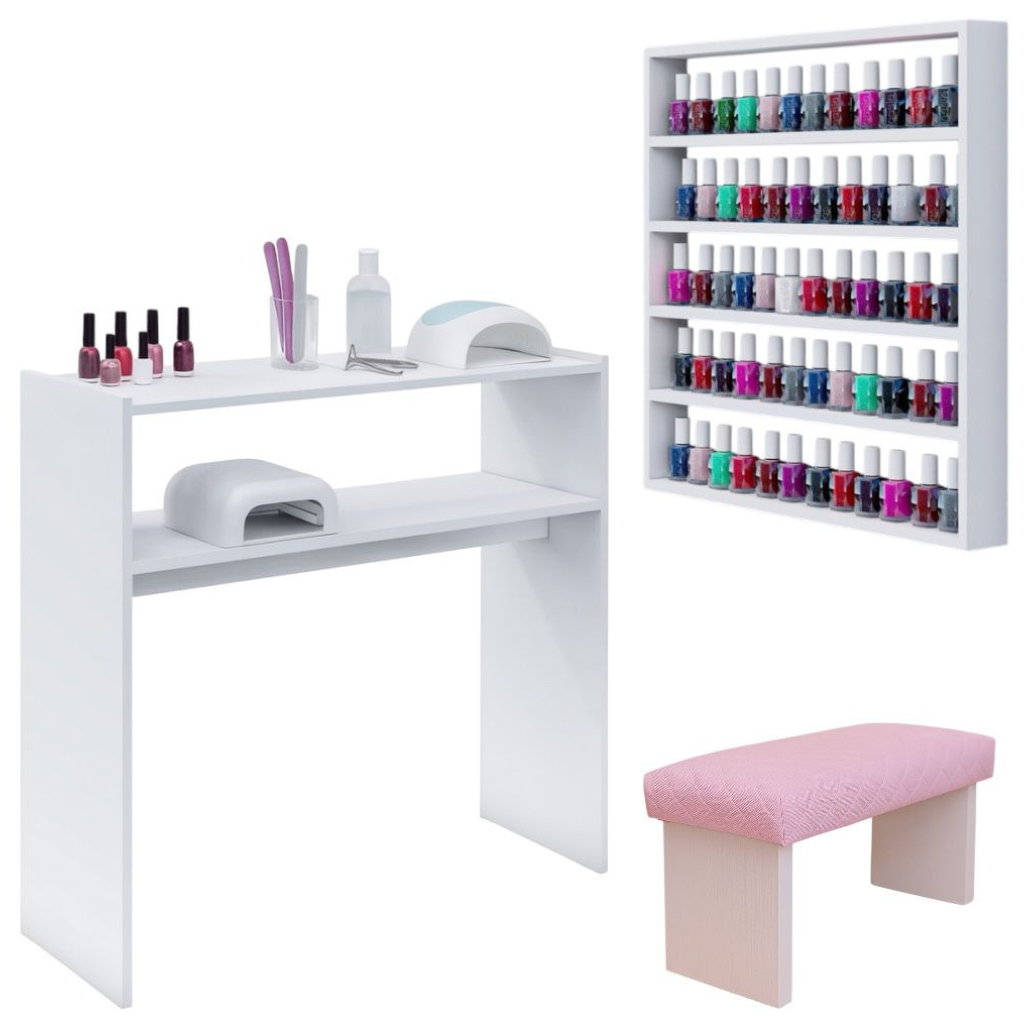 Kit Mesa Para Manicure + Porta Esmaltes + Apoio De Punho Completo Profissional Nail Designer Pedicur