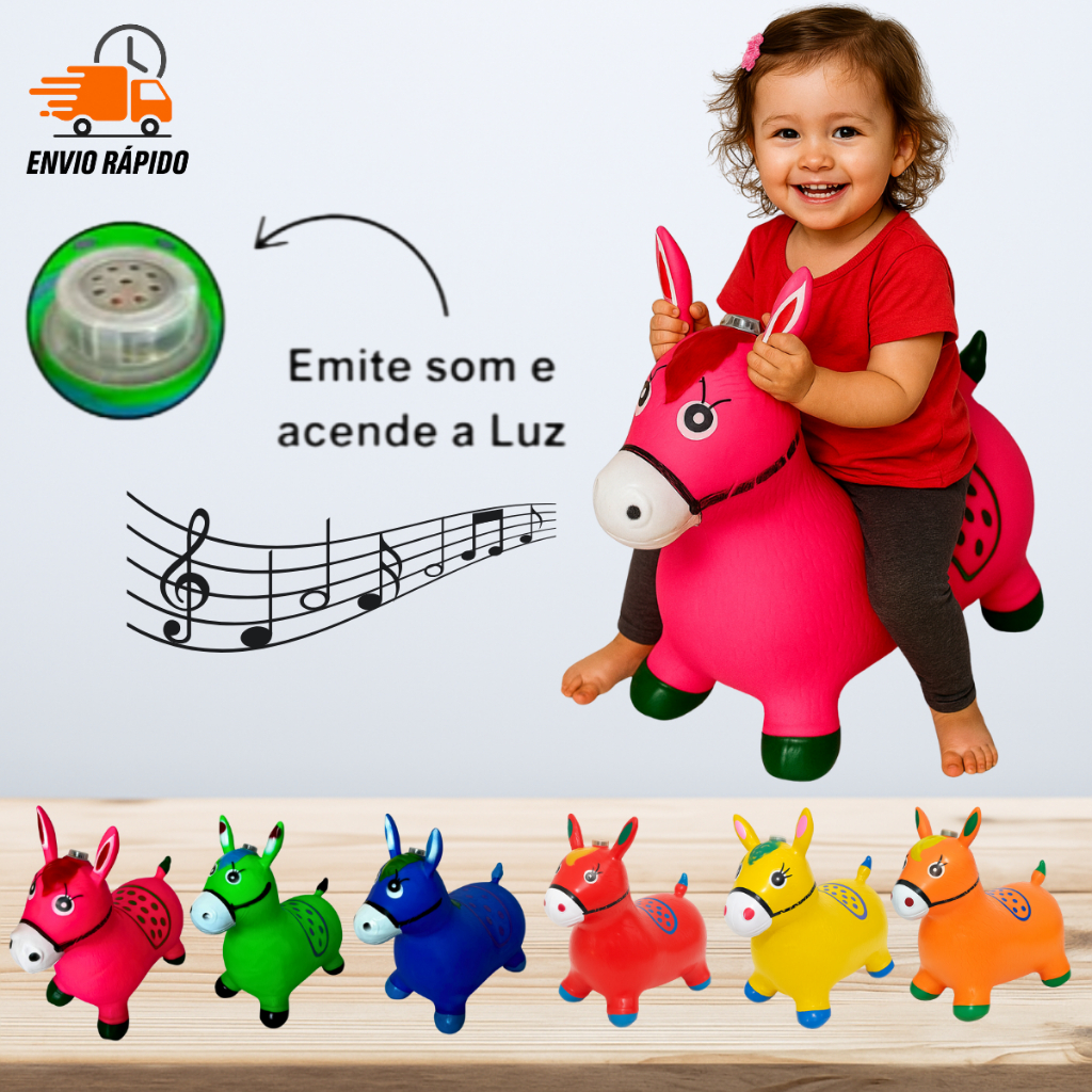 Cavalinho Upa Upa Pocoto Brinquedo Criança inflável Colorido Pula Pula Musica Infantil Com som e Led
