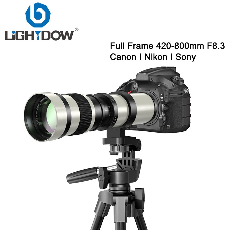 Lente Telefoto Lightdow 420-800mm f/8.3 Super Manual Zoom Branco Com Anel Adaptador T-Mount Para Câm