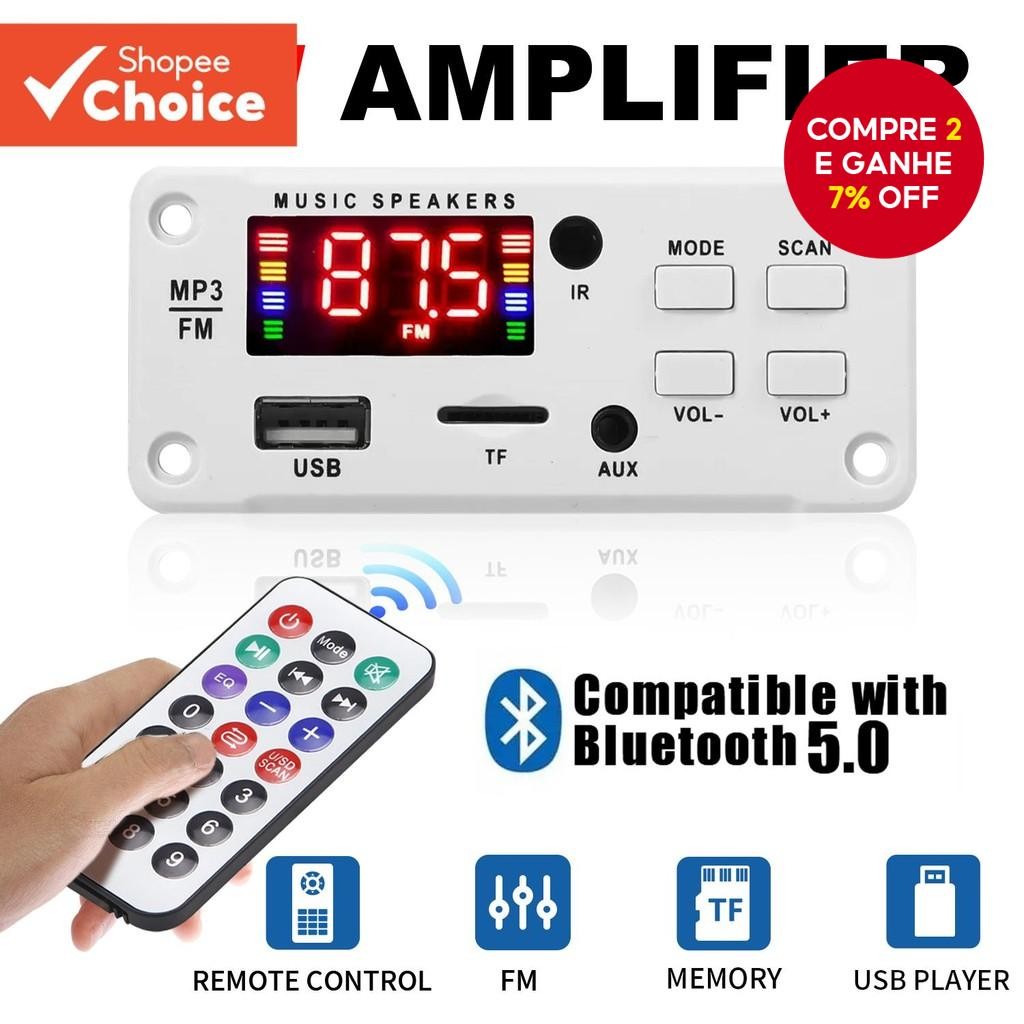 Amplificador DC 12V 50W Bluetooth 5.0 MP3 Leitor Para Carro com USB e Gravação de Chamadas