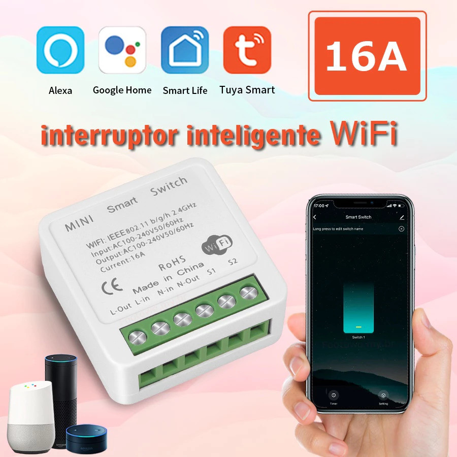 Módulo Interruptor Inteligente Tuya WiFi, Suporta Controle 1 canal, 100-240V, Funciona com Alexa, Go