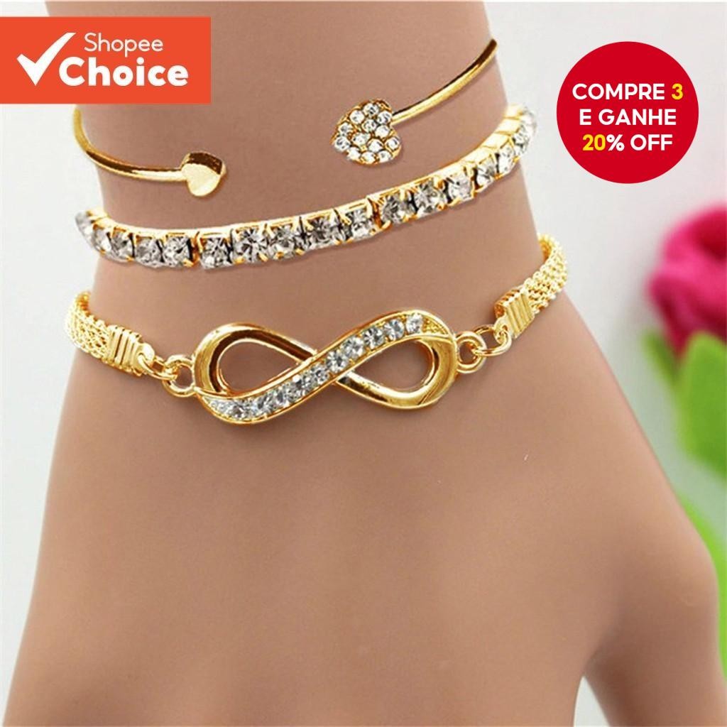Conjunto De Corrente De Cobra E Pulseira Infinita Da Moda Dourada-3 Peças Com Diamantes Spa rkling ,