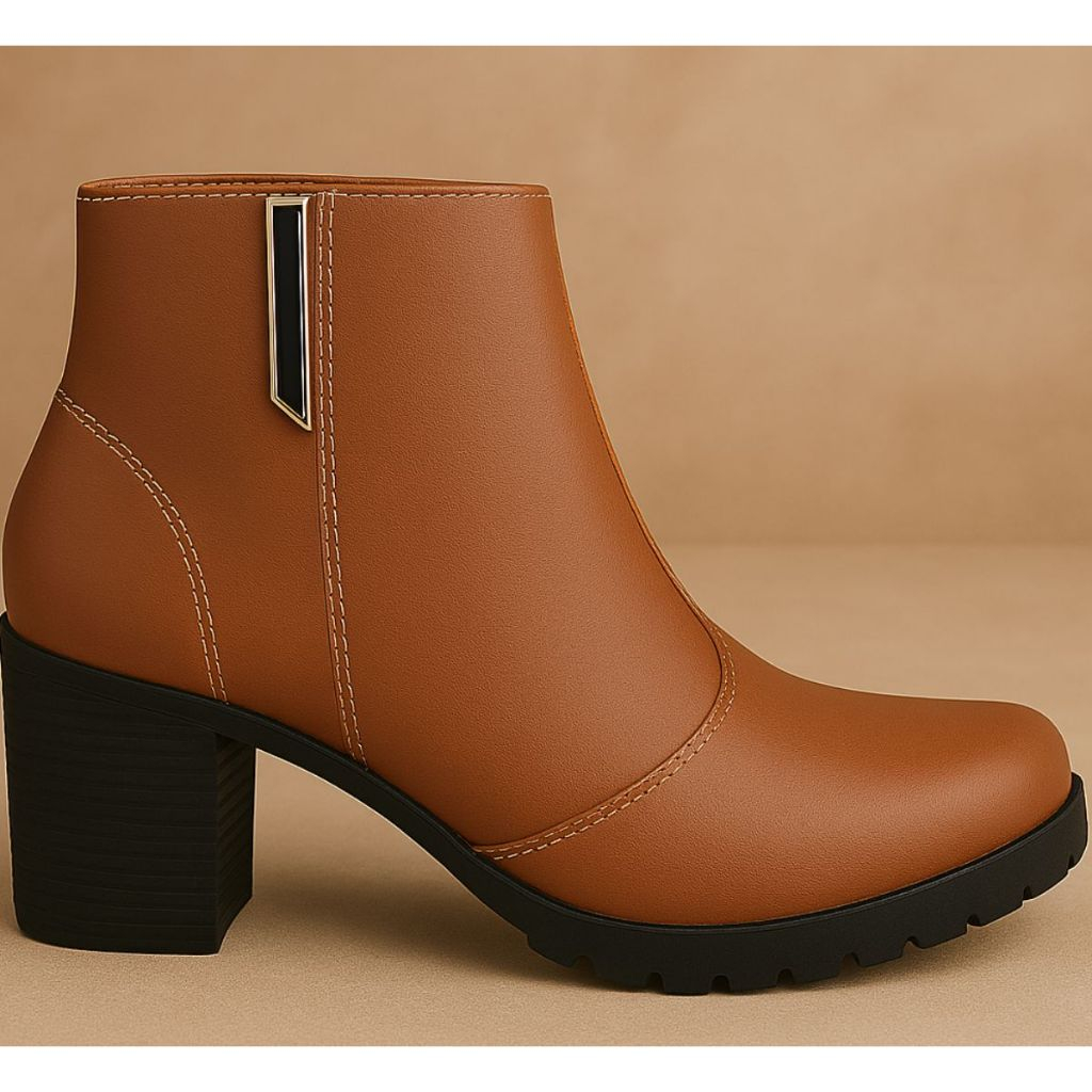 Bota Feminina Olzzy Salto Médio Coturno Cano Curto Detalhe Lateral Metal Confortável Moda Atual
