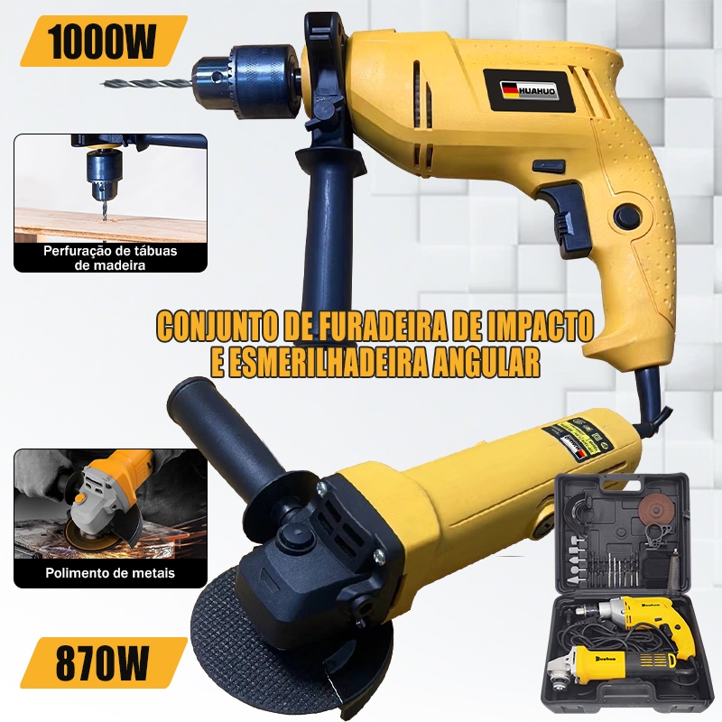 110/220VKit Furadeira de Impacto 100mm e Esmerilhadeira Angular e caixa plástica Com Acessórios