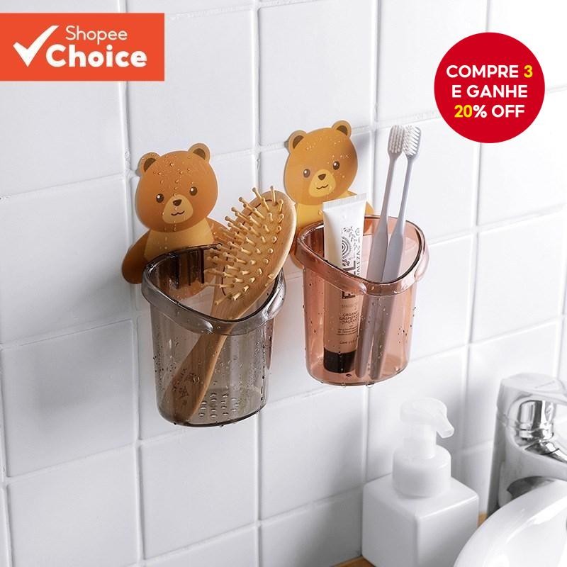 Suporte Para Escova De Dentes Bear : Rack De Armazenamento De Banheiro Sem Perfuração Copos De Enxág