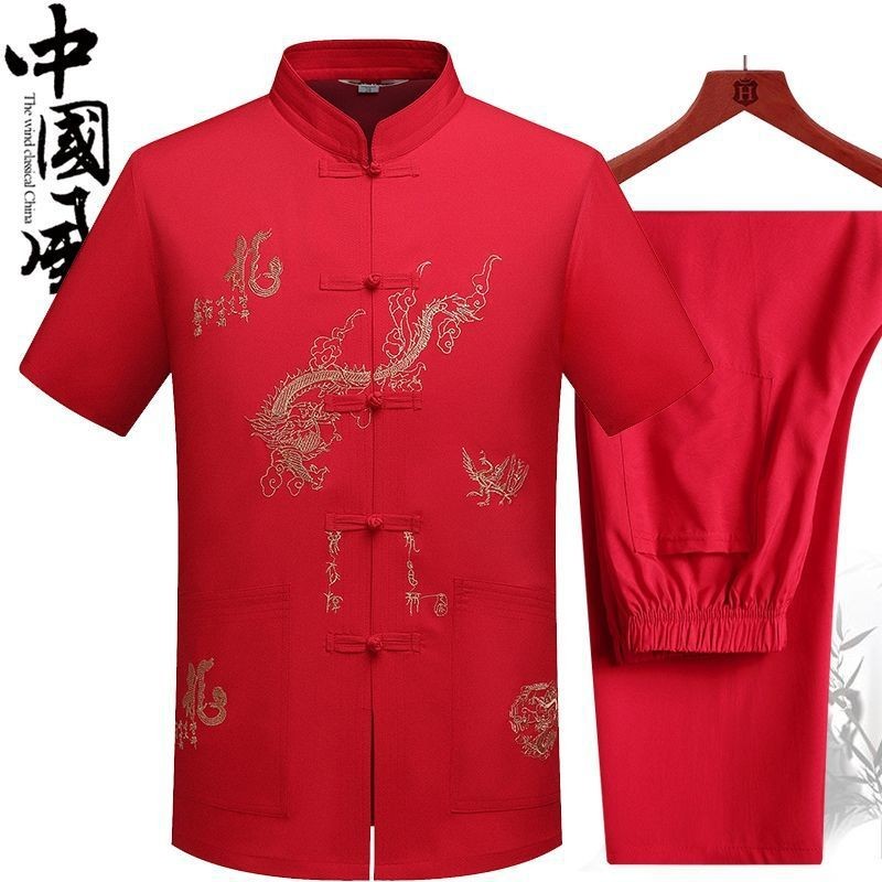 Roupas Tang Nos Homens Idosos hanfu Primavera E Verão Pai Camisa De Manga Comprida Conjunto Avô Curt