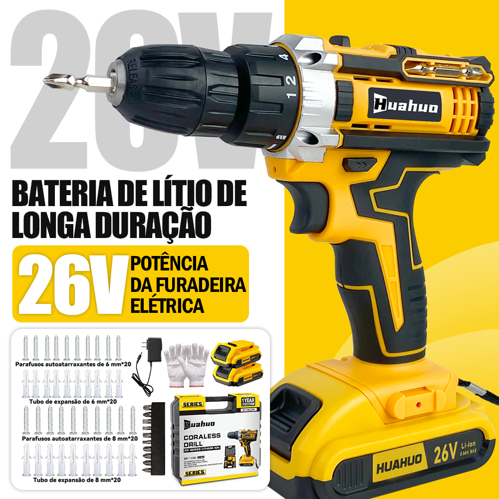 110V/220VParafusadeira 26V Baterias Sem Fio Com Impacto e Maleta Completa de Brocas.