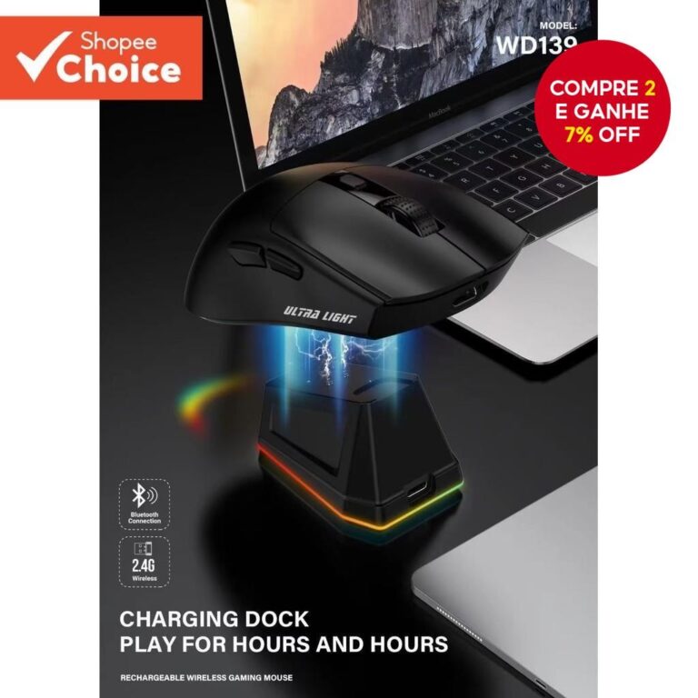 Mouse Gamer Sem Fio WD139 Leve com Dock de Carrega