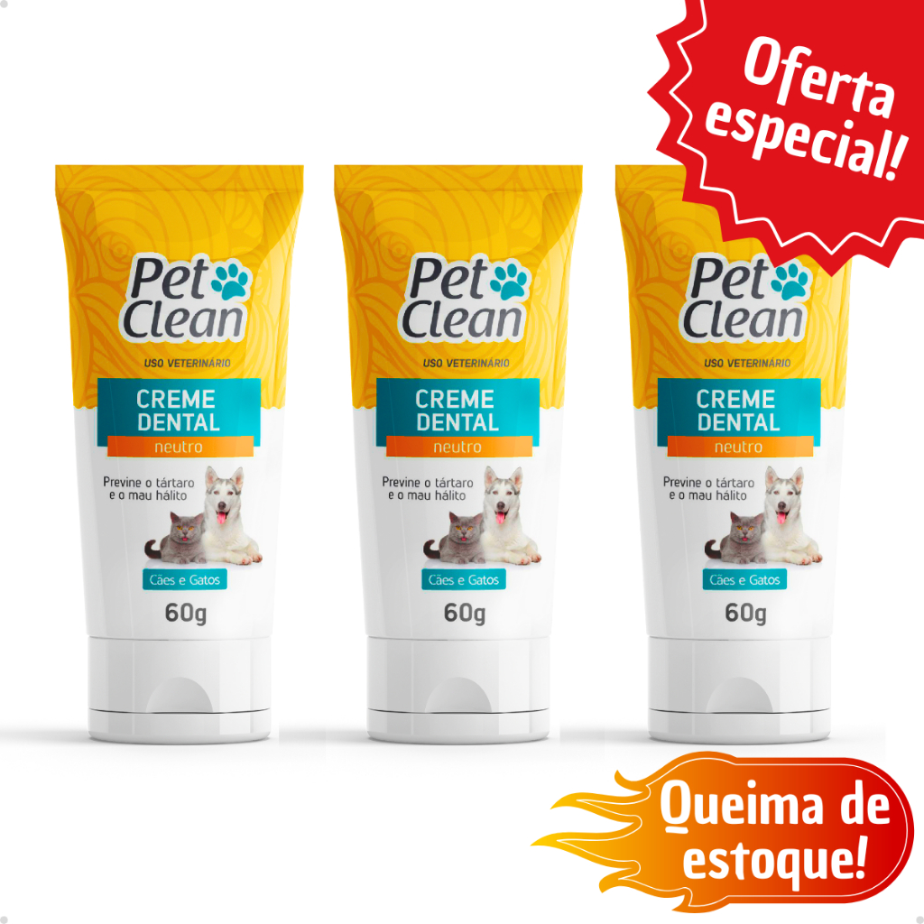 Kit Creme Dental Pasta de Dente para Cachorro e Gato Pet Shop Pet Clean Promoção Neutro 60g