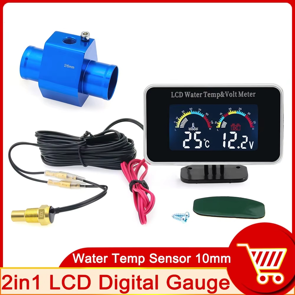 HD LCD Digital Carro Voltímetro Medidor + De Temperatura Da Água Termômetro 2 Em 1 Instrumento Com S