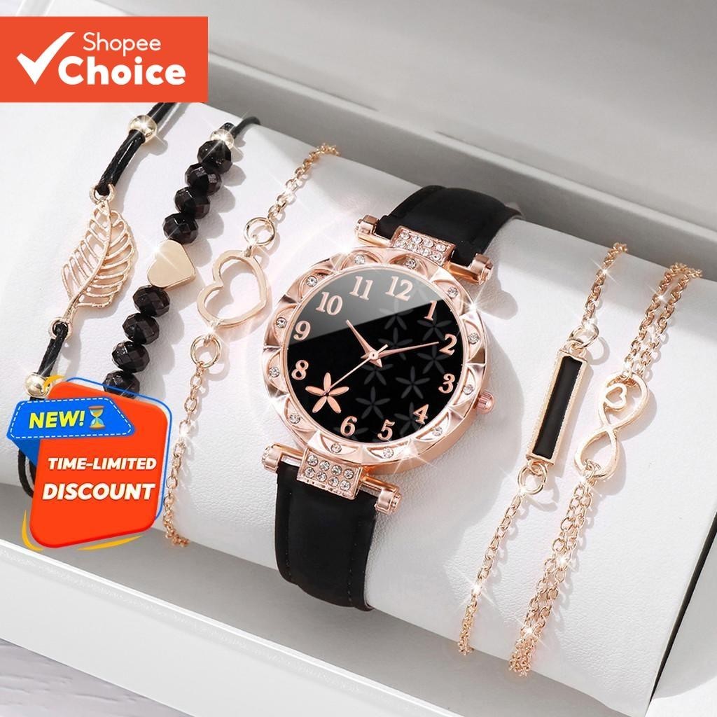 Conjunto De Relógio Com Pulseira De Couro De Quartzo Estilo Coreano , 6 Peças , Combinação De Joias