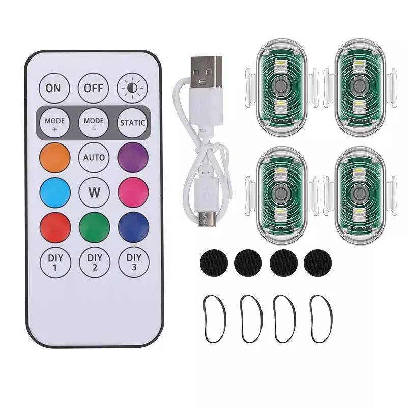 4 PCS RGB LED Luzes Estroboscópicas Com Controle Remoto Sem Fio Para Motocicleta , Sinal De Carro ,