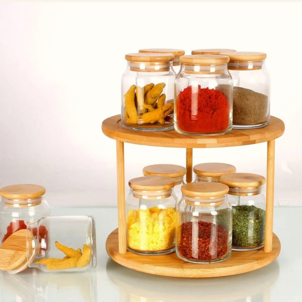 Porta Tempero Giratório 2 Andares em Bambu Ecológico Organizador Armário Prateleira Multifuncional