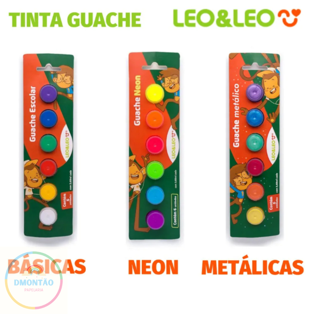 Tinta Guache Escolar Kit c/ 6 Cores BásicasTradicionais, Neon ou Metálicas LeoELeoGuache Escolar Com