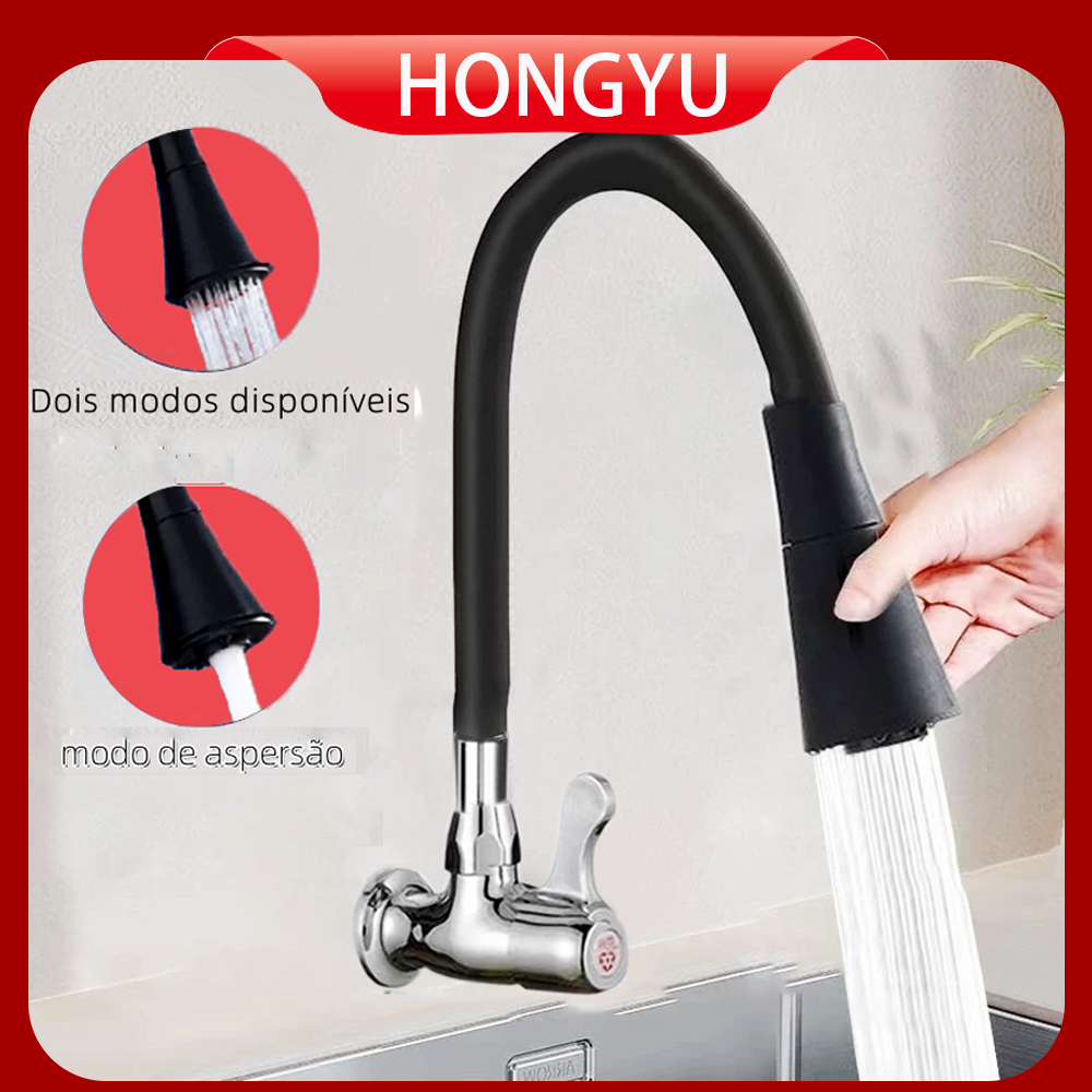 Torneira De Cozinha Parede Preta Flexível Double Jet Cone 1/4 Traseiro